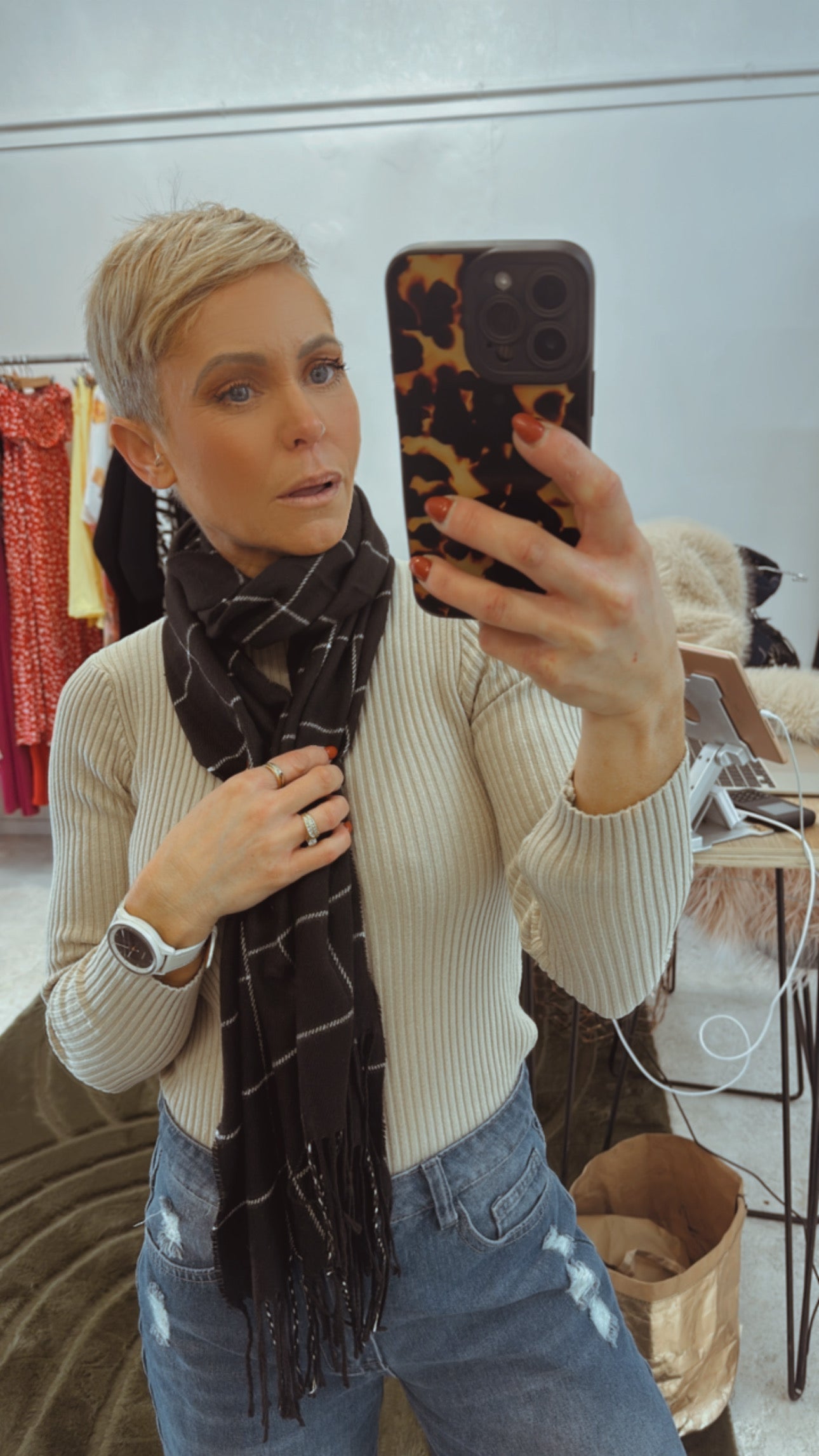 Black with white check rectangle scarf