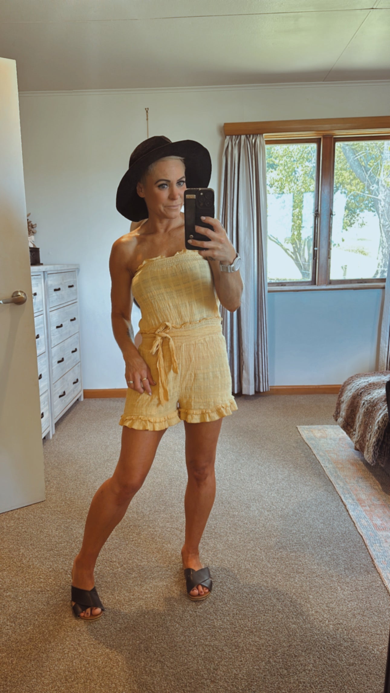 High waist pleated strapless romper- yellow