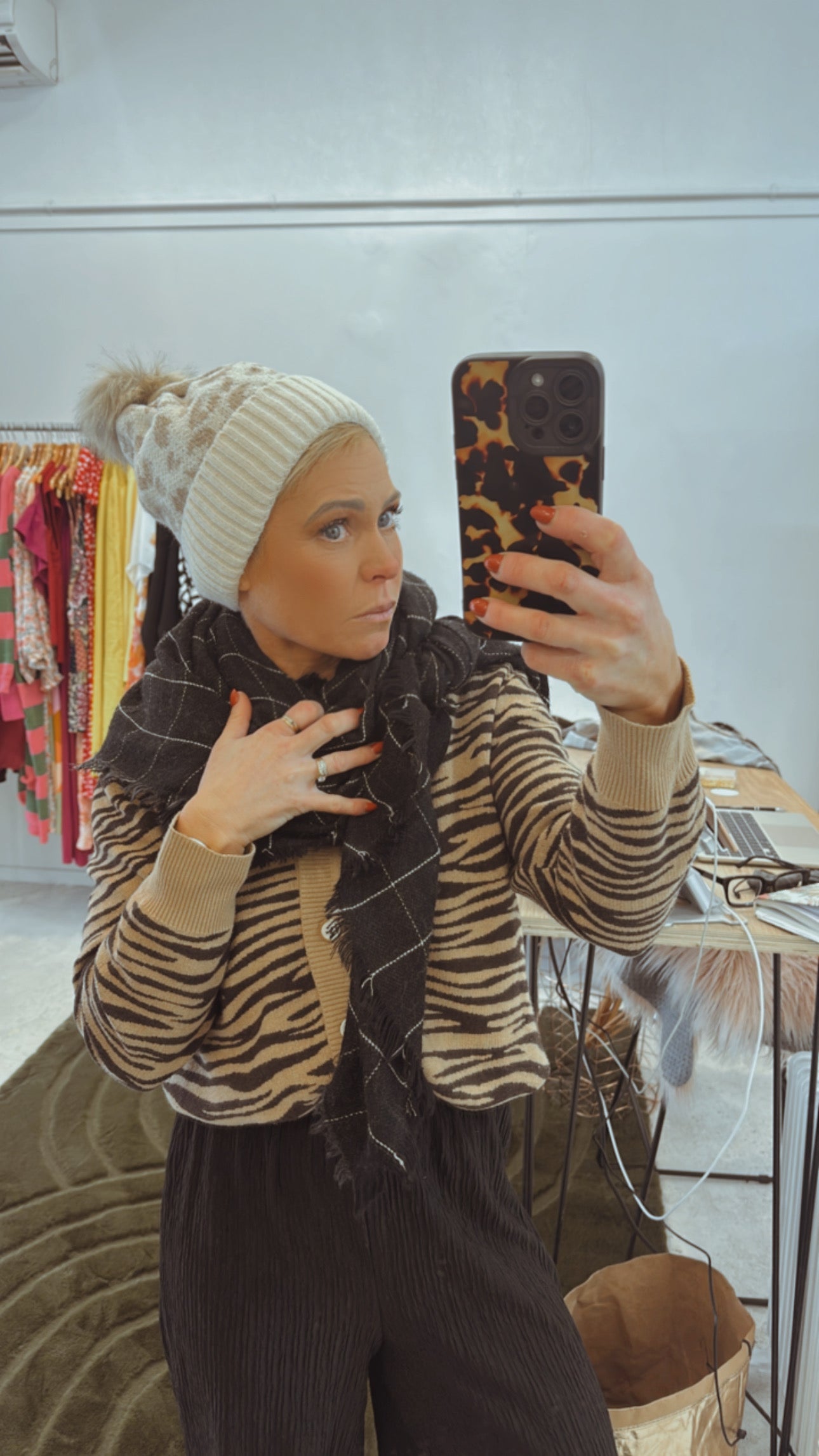 Leopard print knit Pom Pom beanie