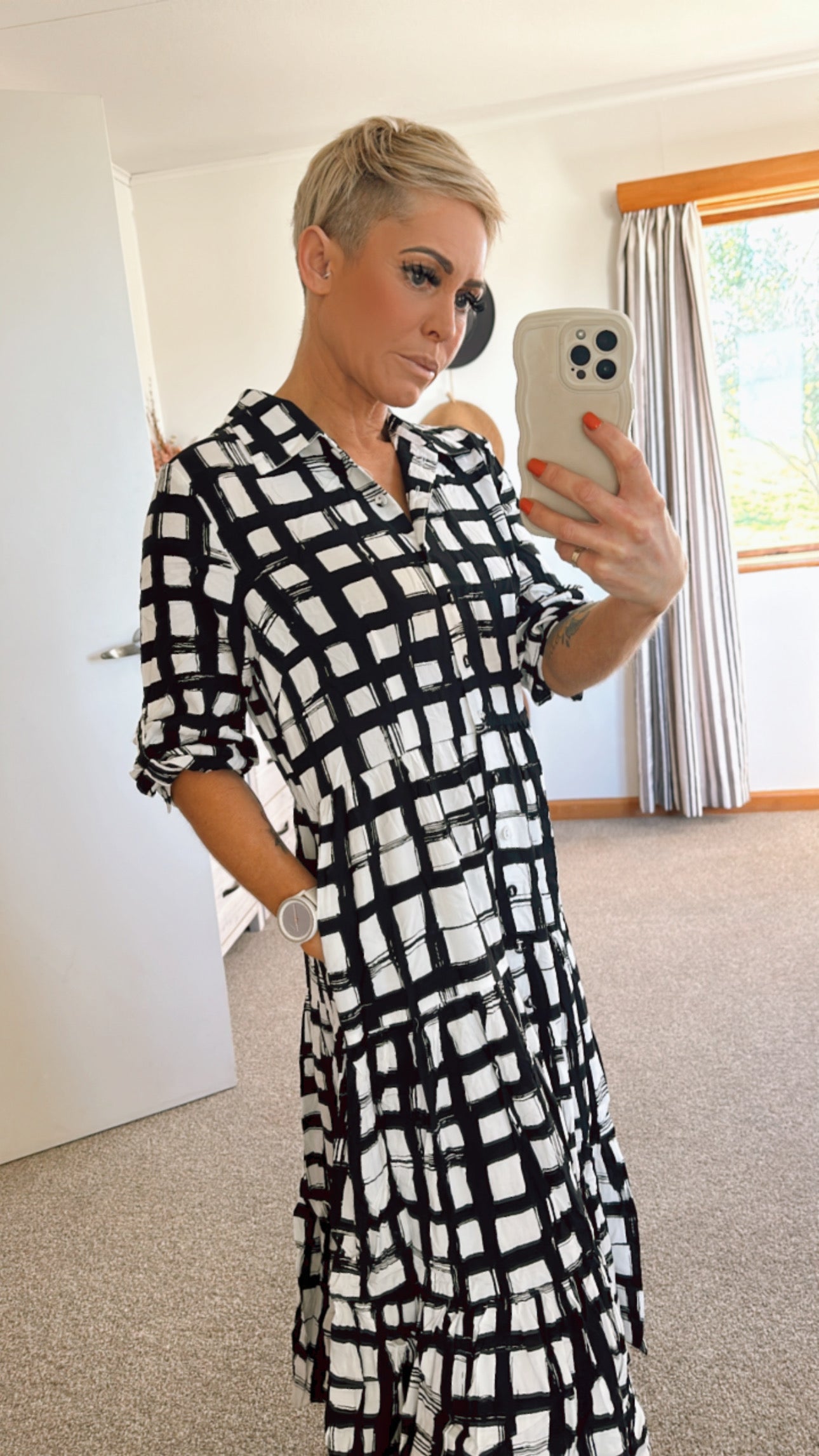 Grid check tiered shirt dress