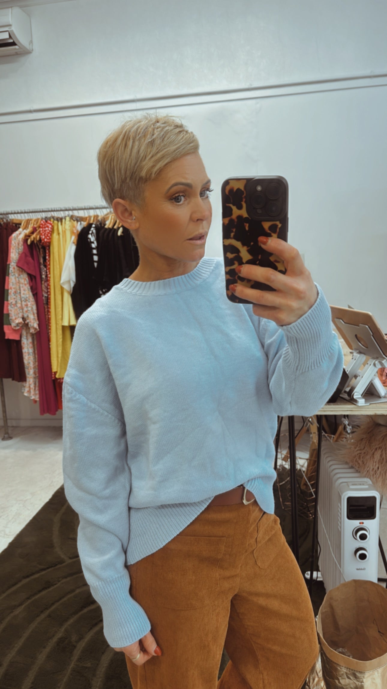 Crew neck pale blue soft knit jumper