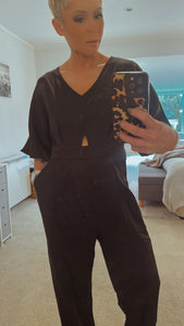 Cut out flute sleeve V neck elegant jumpsuit