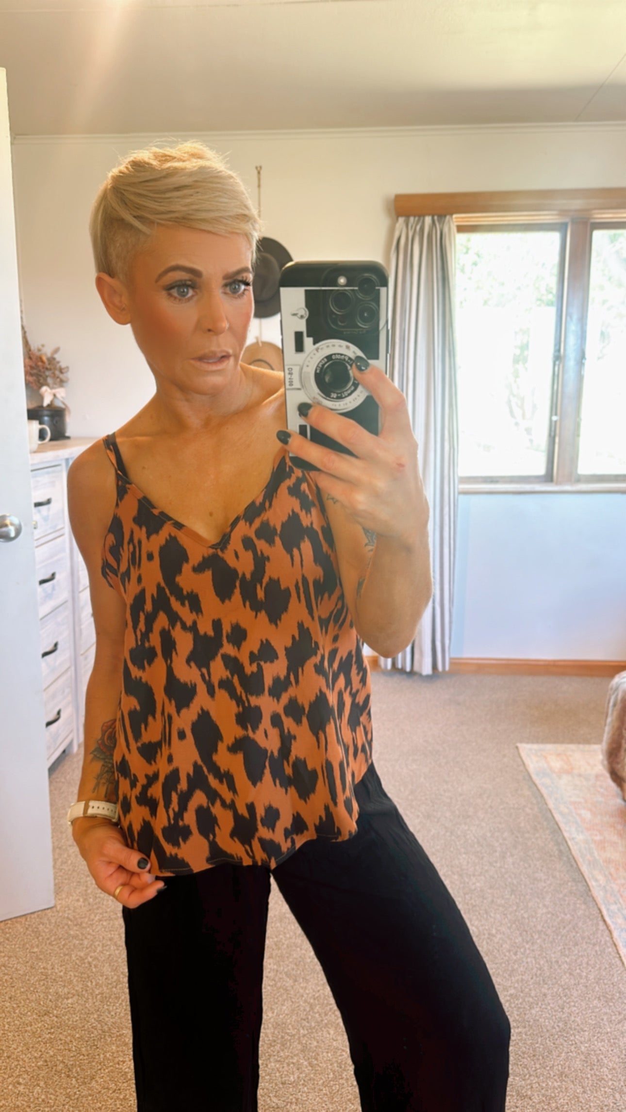 Rust animal print cami top