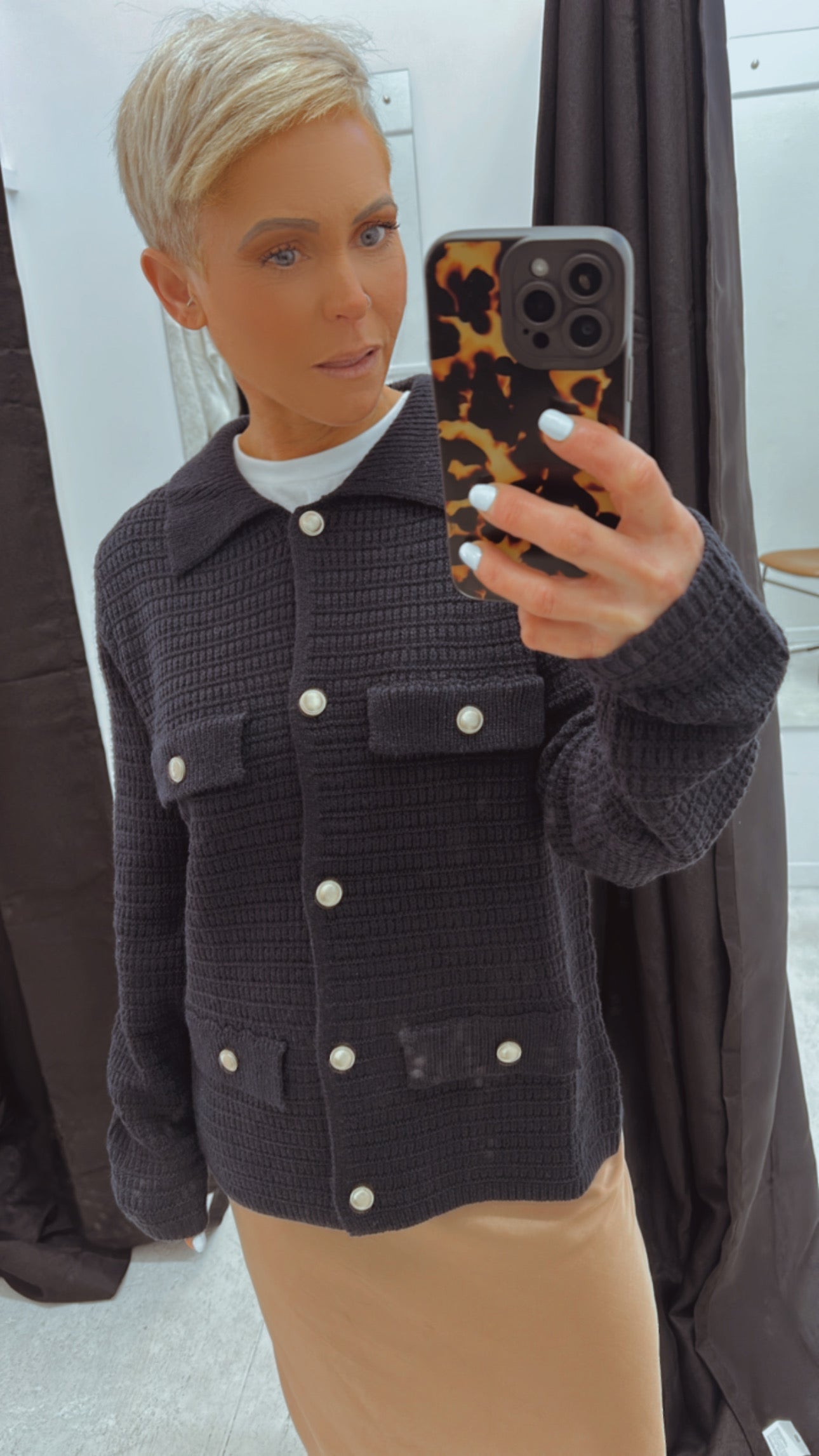 Sunny Girl gold button front pocket collared cardigan