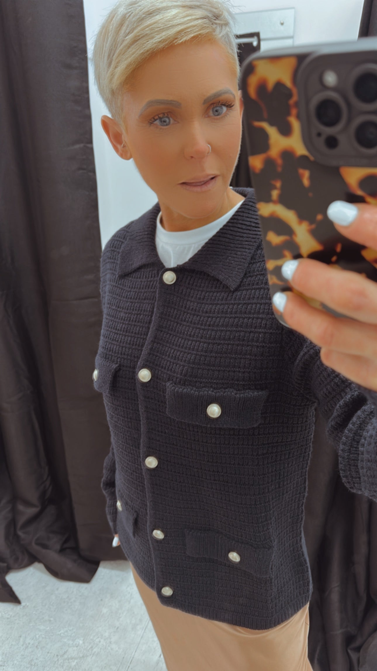 Sunny Girl gold button front pocket collared cardigan