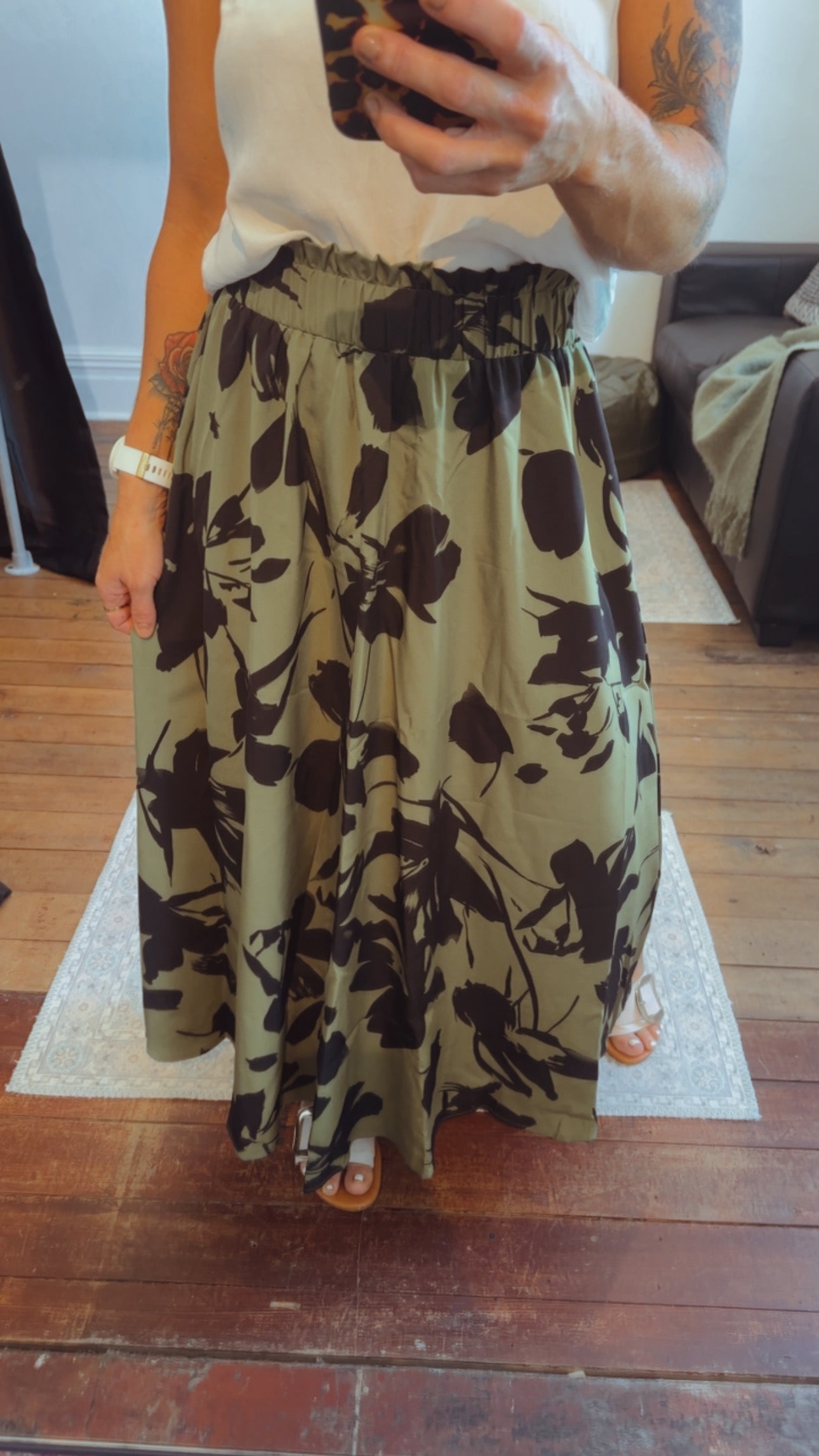 Green Leaf print midi skirt