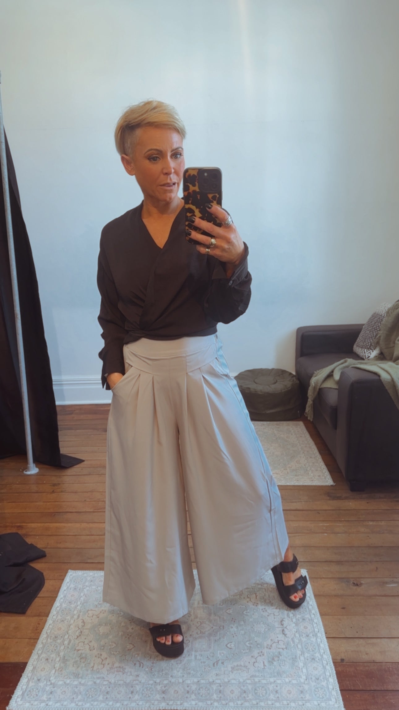 Pleat Pocket front cement wide leg culottes