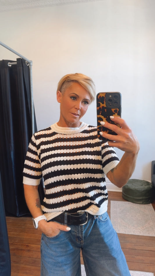 Black & White Crochet Knit Short Sleeve Top