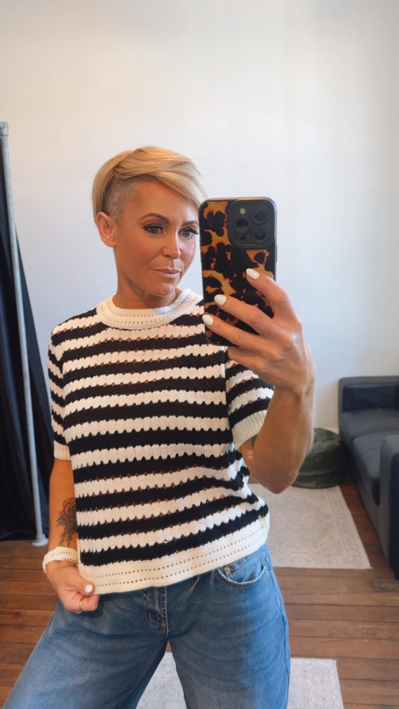 Black & White Crochet Knit Short Sleeve Top