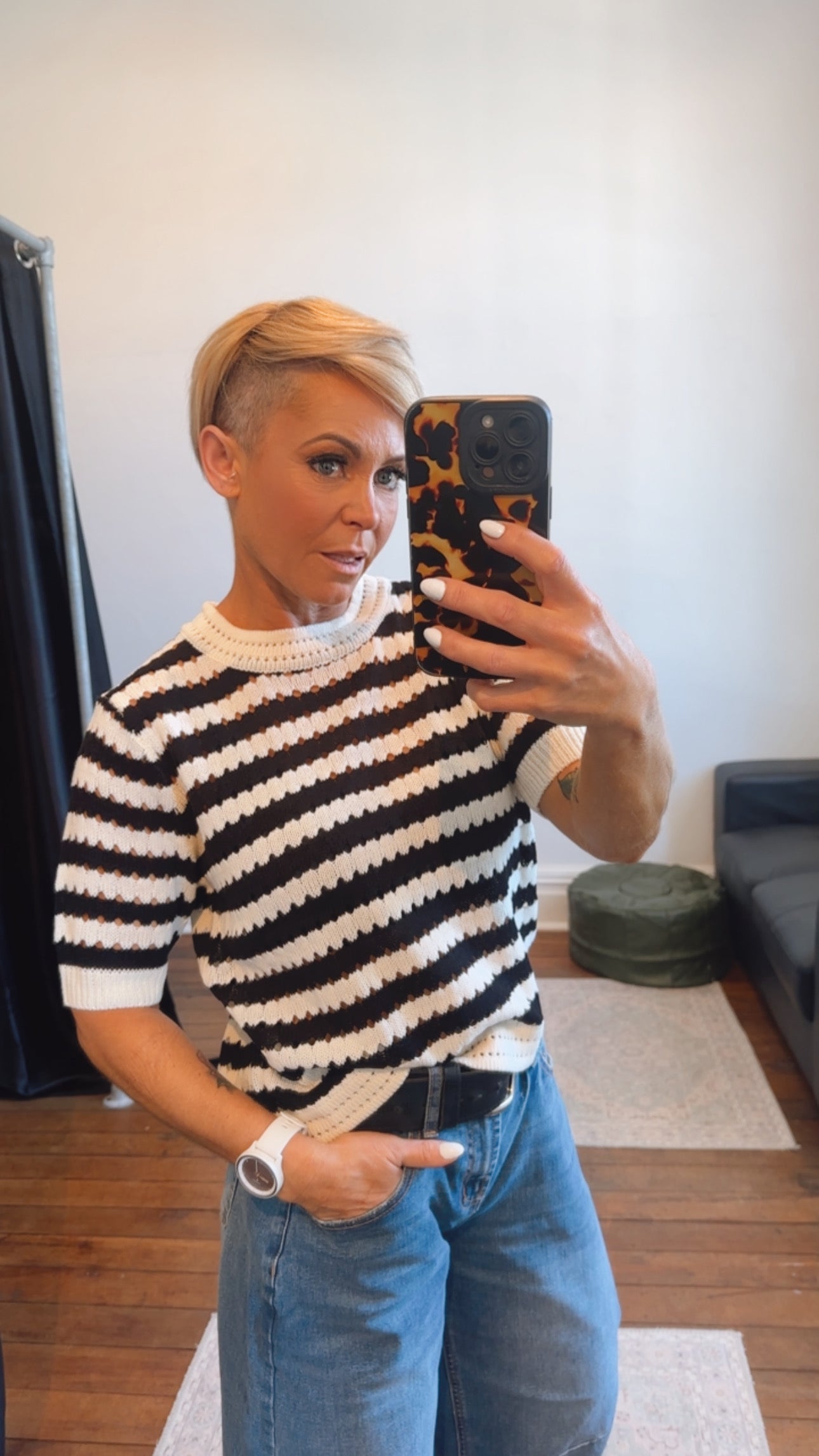 Black & White Crochet Knit Short Sleeve Top