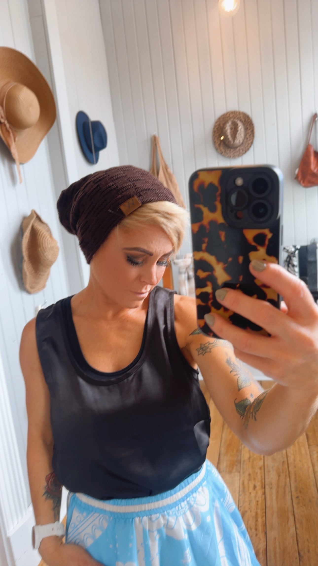 Fur Lined Waffle Knit Slouch Beanie Brown