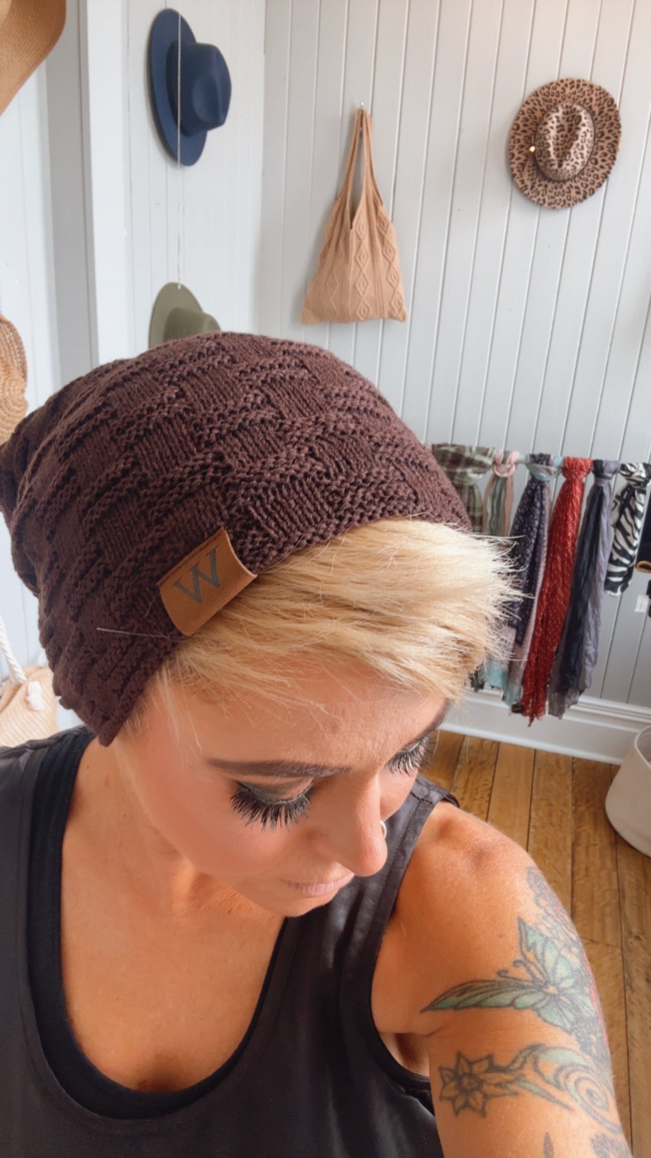 Fur Lined Waffle Knit Slouch Beanie Brown