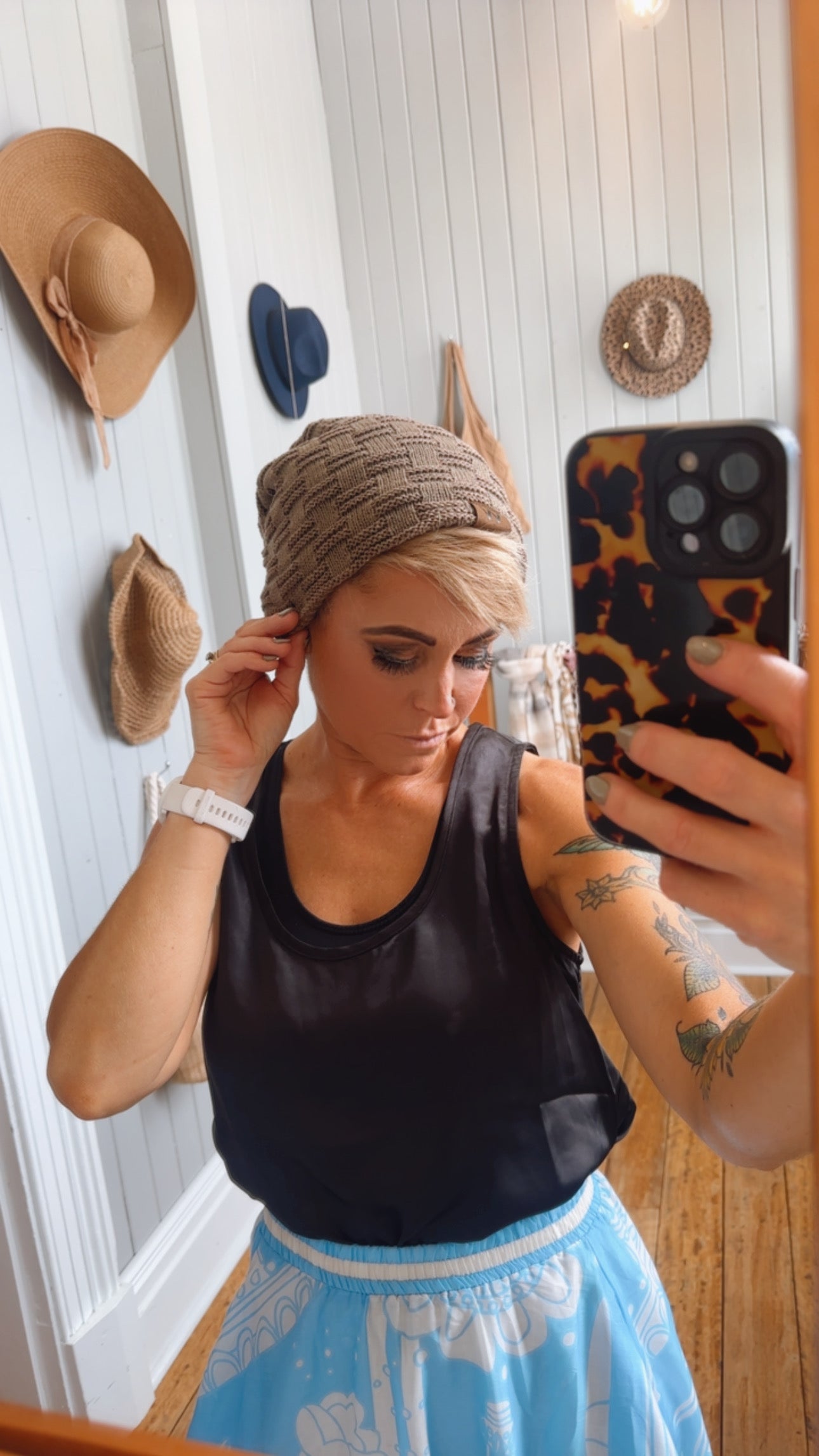 Fur Lined Waffle Knit Slouch Beanie Khaki