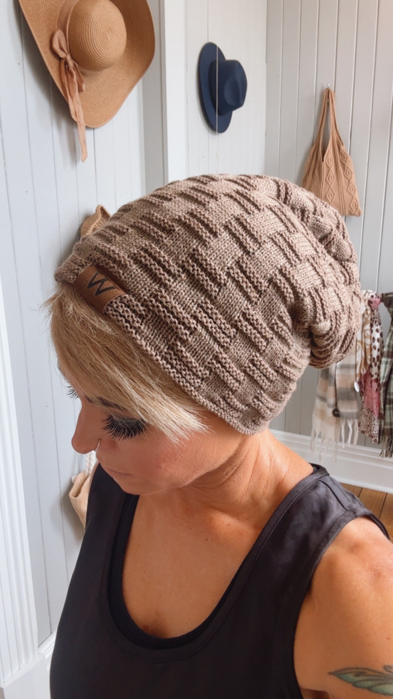 Fur Lined Waffle Knit Slouch Beanie Khaki