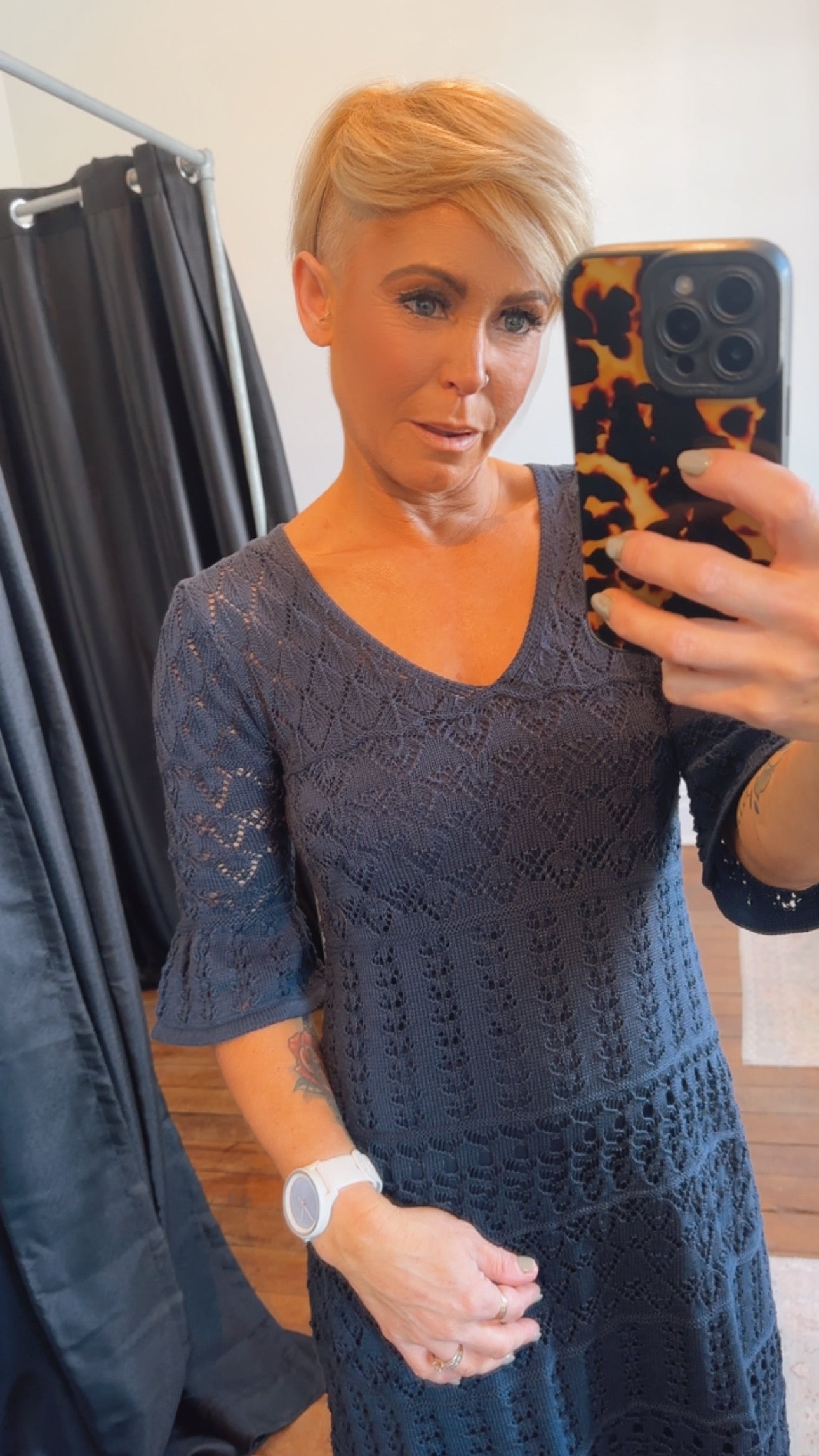 Navy Crochet Flare Sleeve Knit Dress