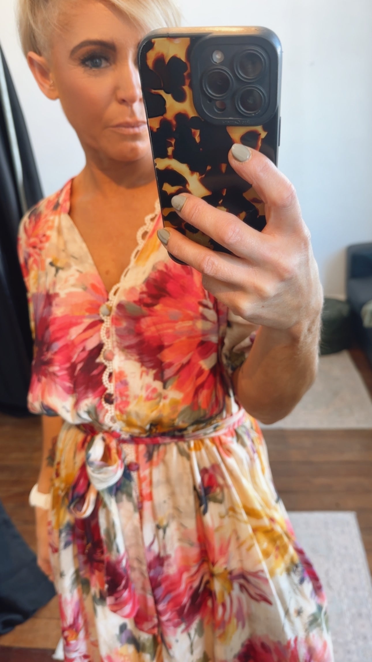 Floral Print Scalloped Edge Elastic Waist Belted Midi Dress