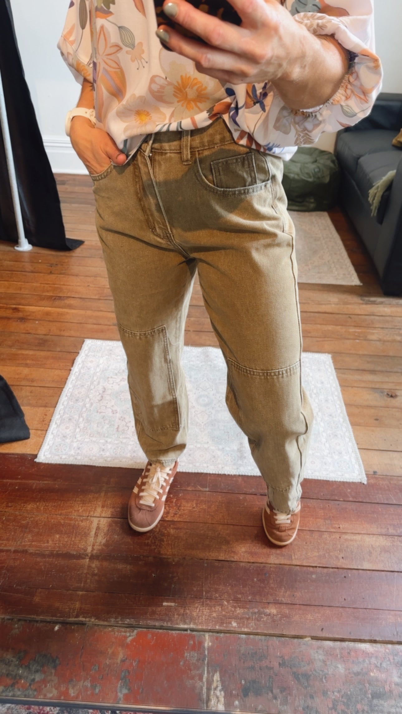 Olive Denim Patch Detail Cropped Jeans