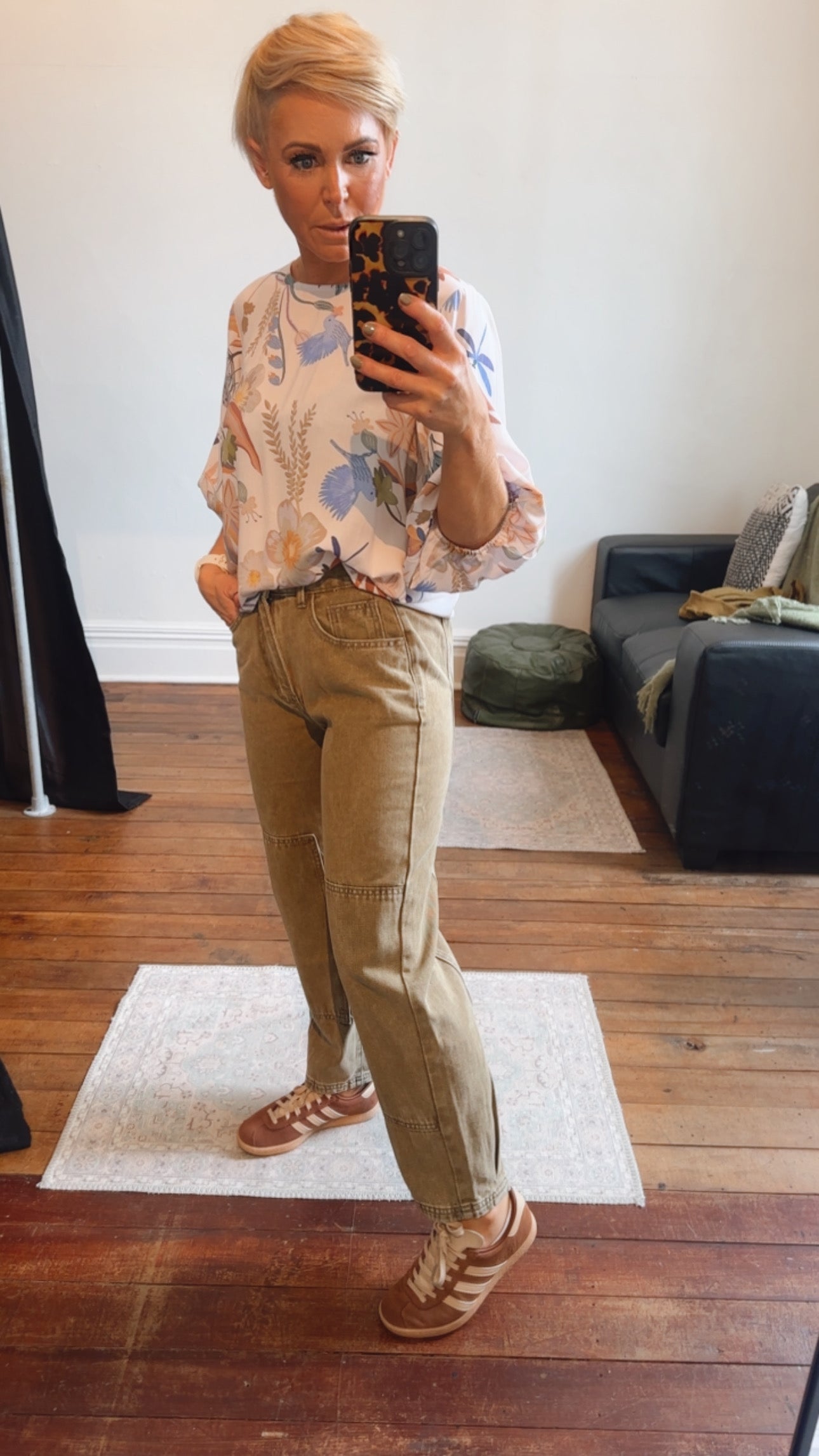 Olive Denim Patch Detail Cropped Jeans