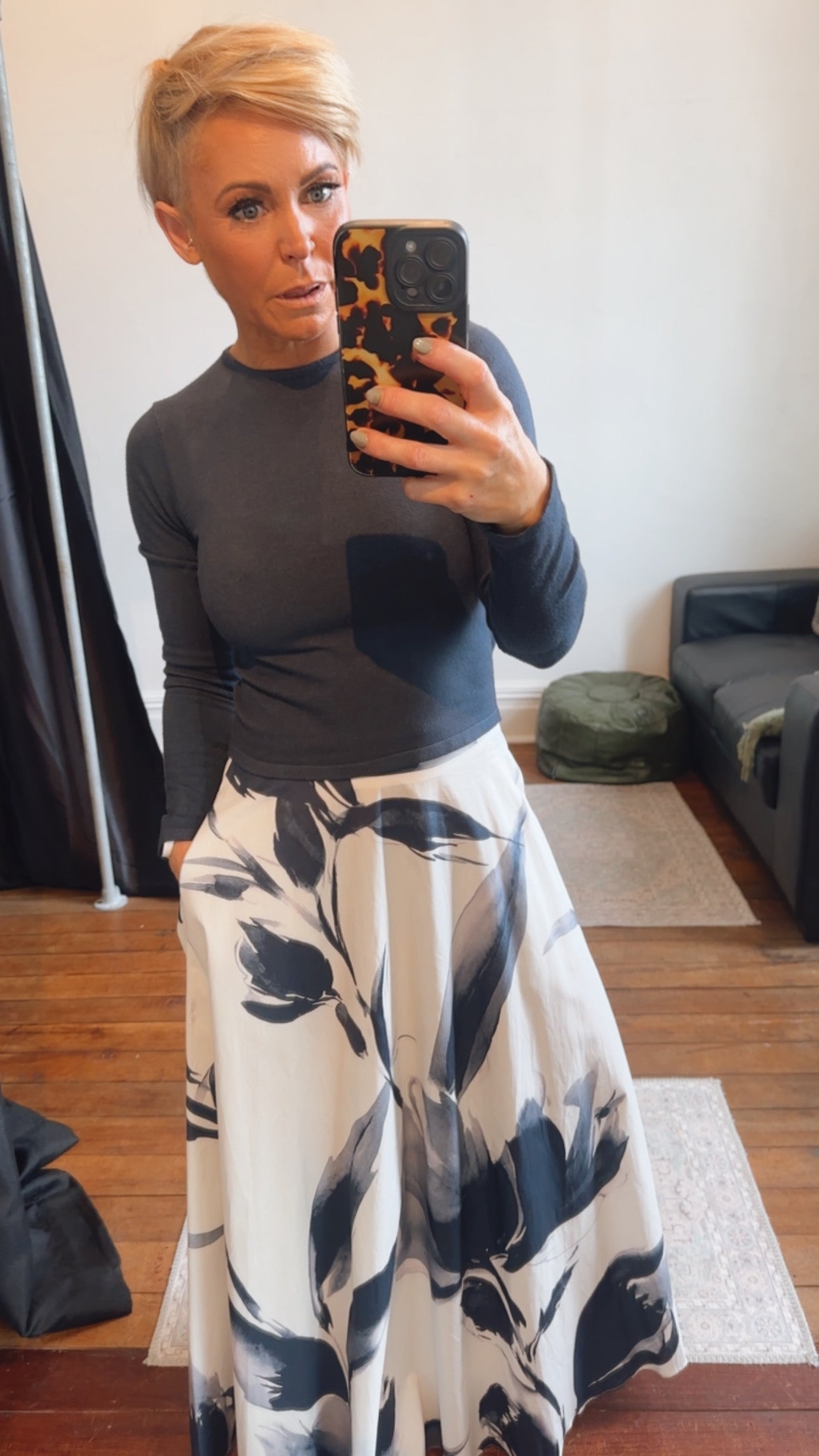 Bold Floral Print White Cotton Skirt