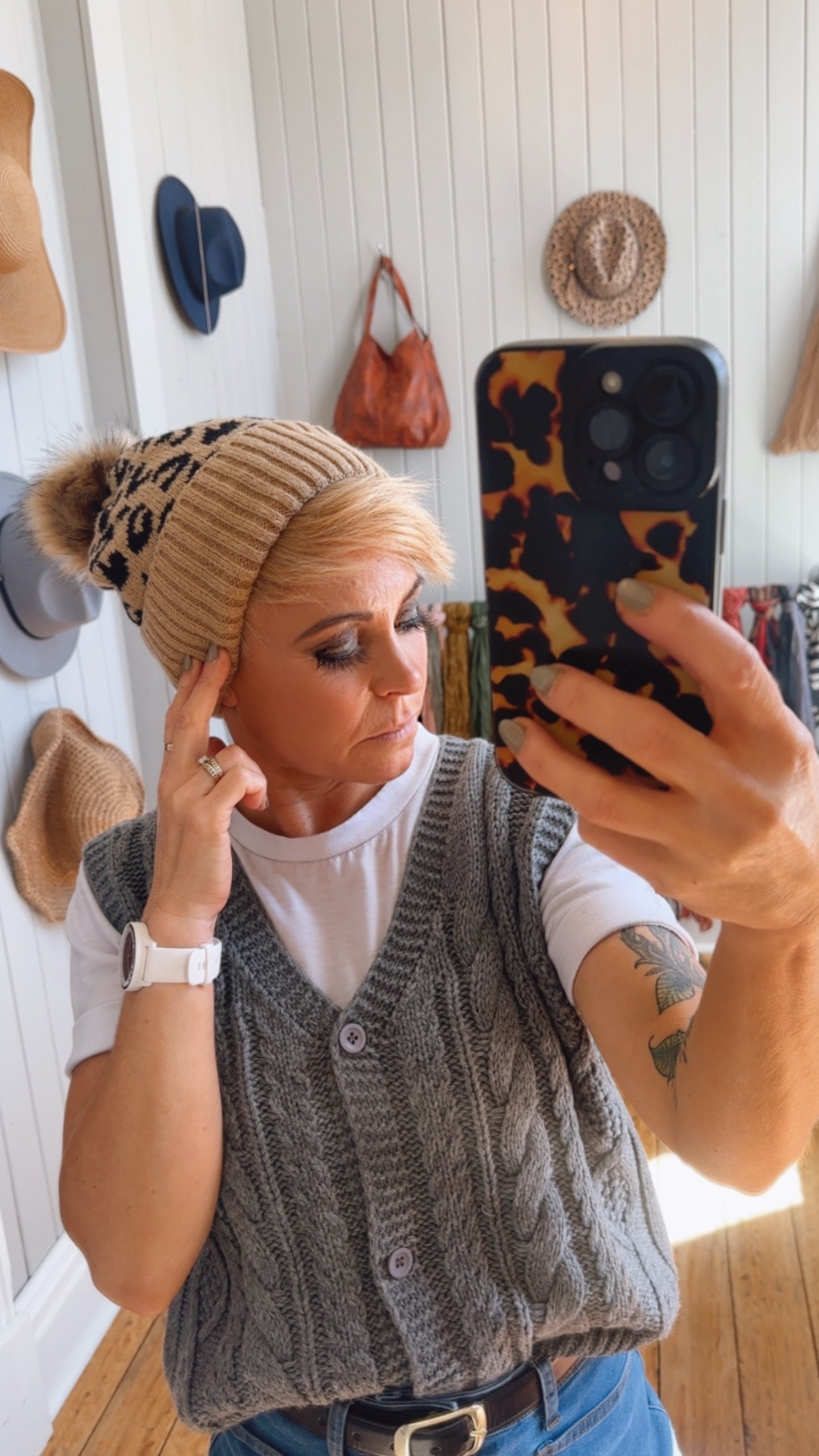 Fur Lined Leopard Print Pom Pom Beanie Beige