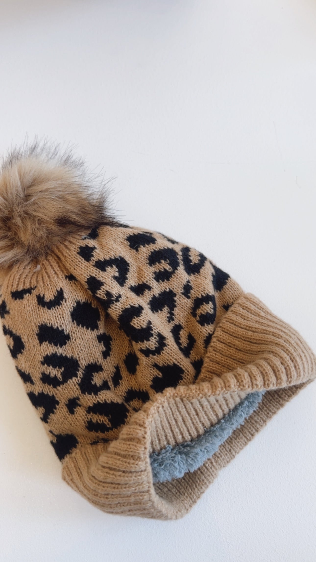 Fur Lined Leopard Print Pom Pom Beanie Beige