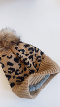 Fur Lined Leopard Print Pom Pom Beanie Beige