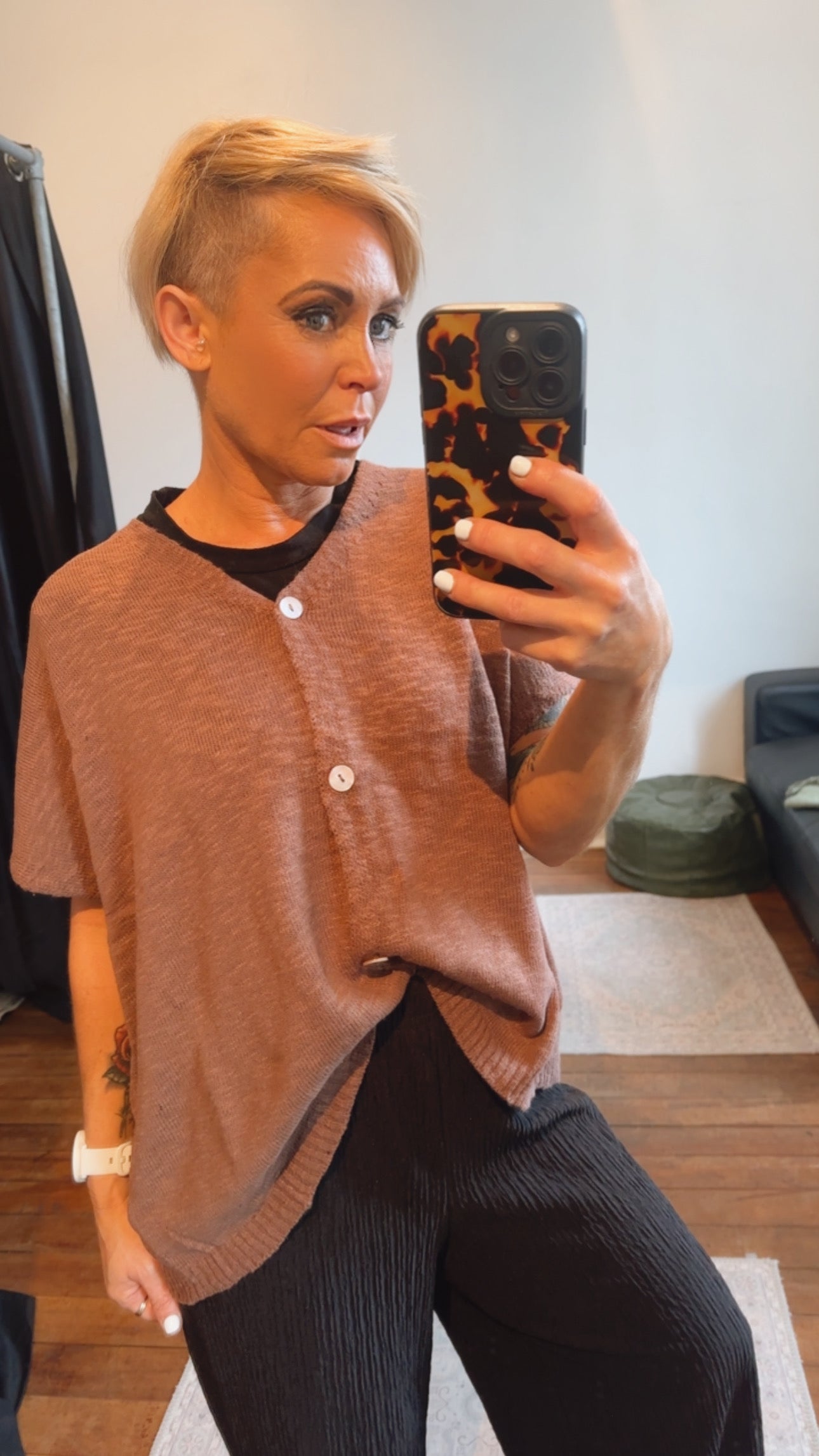 Mocha Button Through Knit Cardi Top