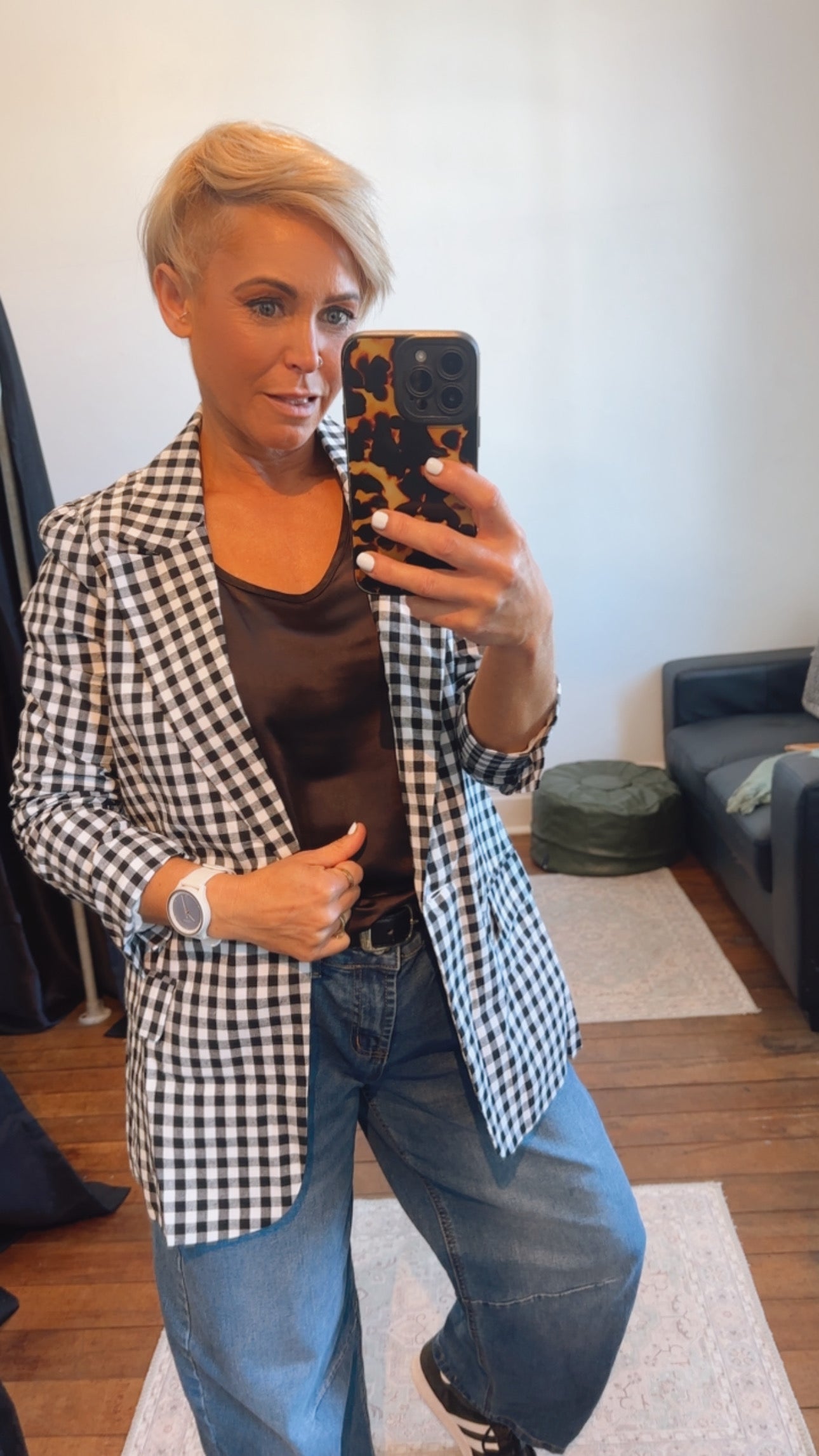 Black Gingham Single Button Blazer