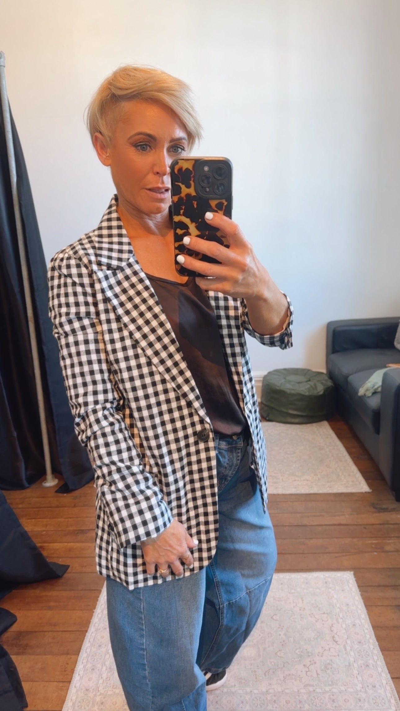 Black Gingham Single Button Blazer