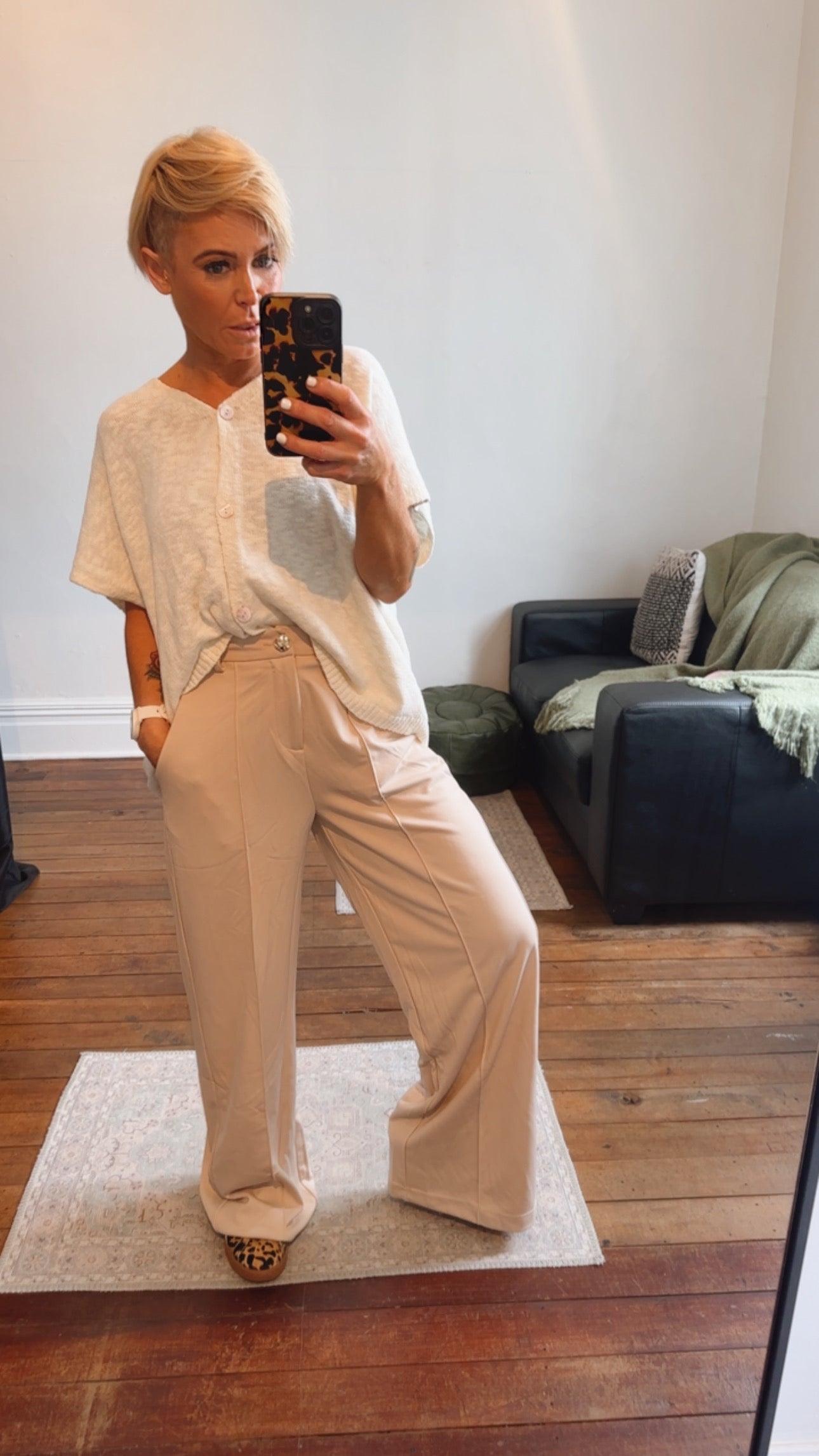 Refuge Beige Wide Leg Trousers With Tuck Detail Front