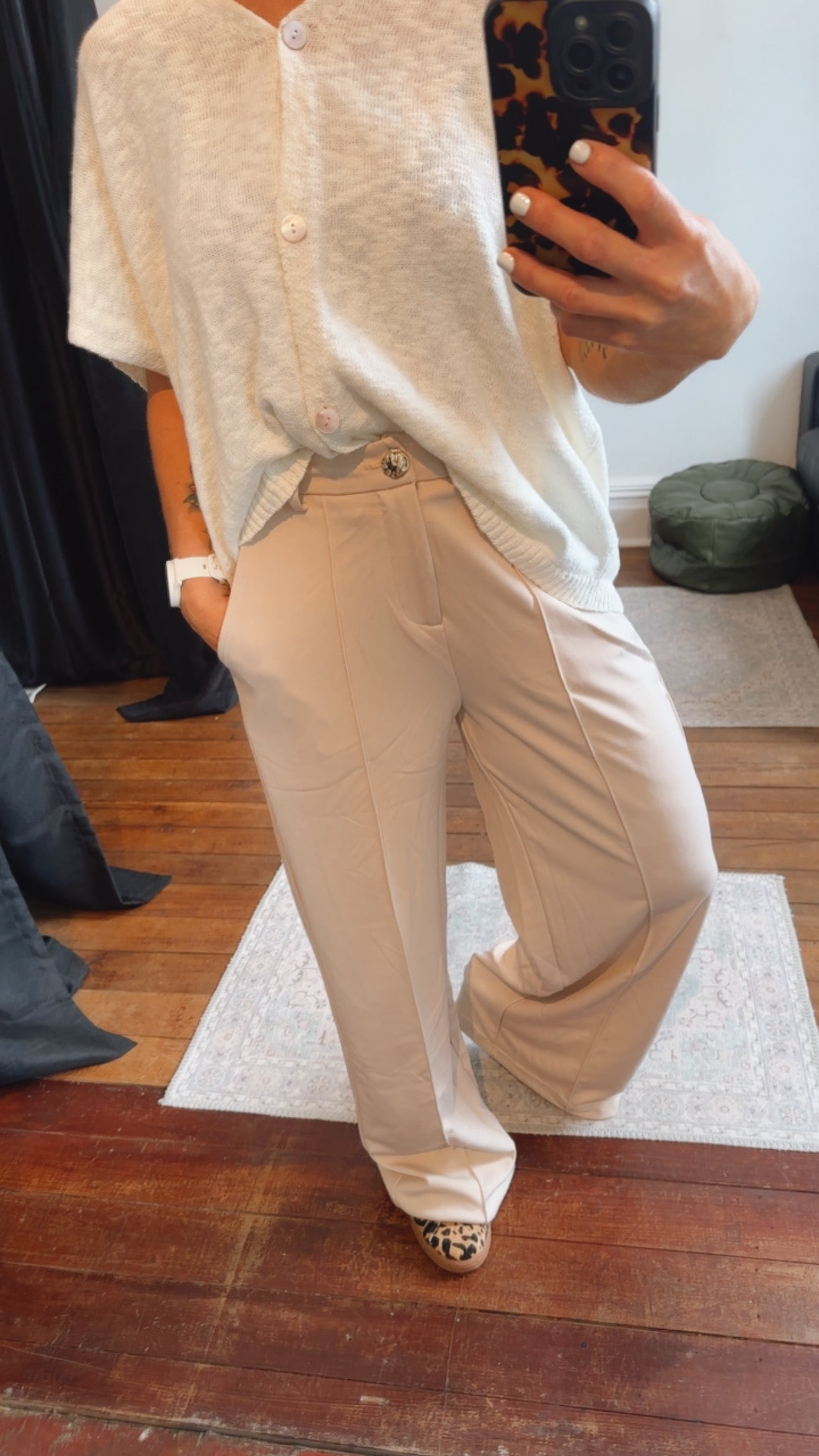 Refuge Beige Wide Leg Trousers With Tuck Detail Front