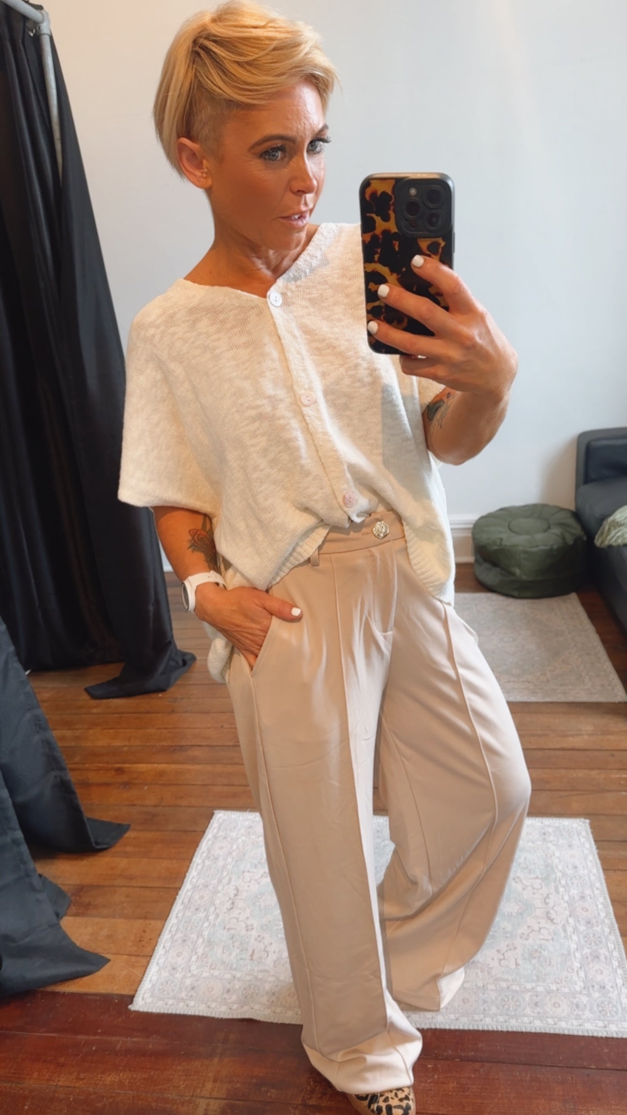 Refuge Beige Wide Leg Trousers With Tuck Detail Front