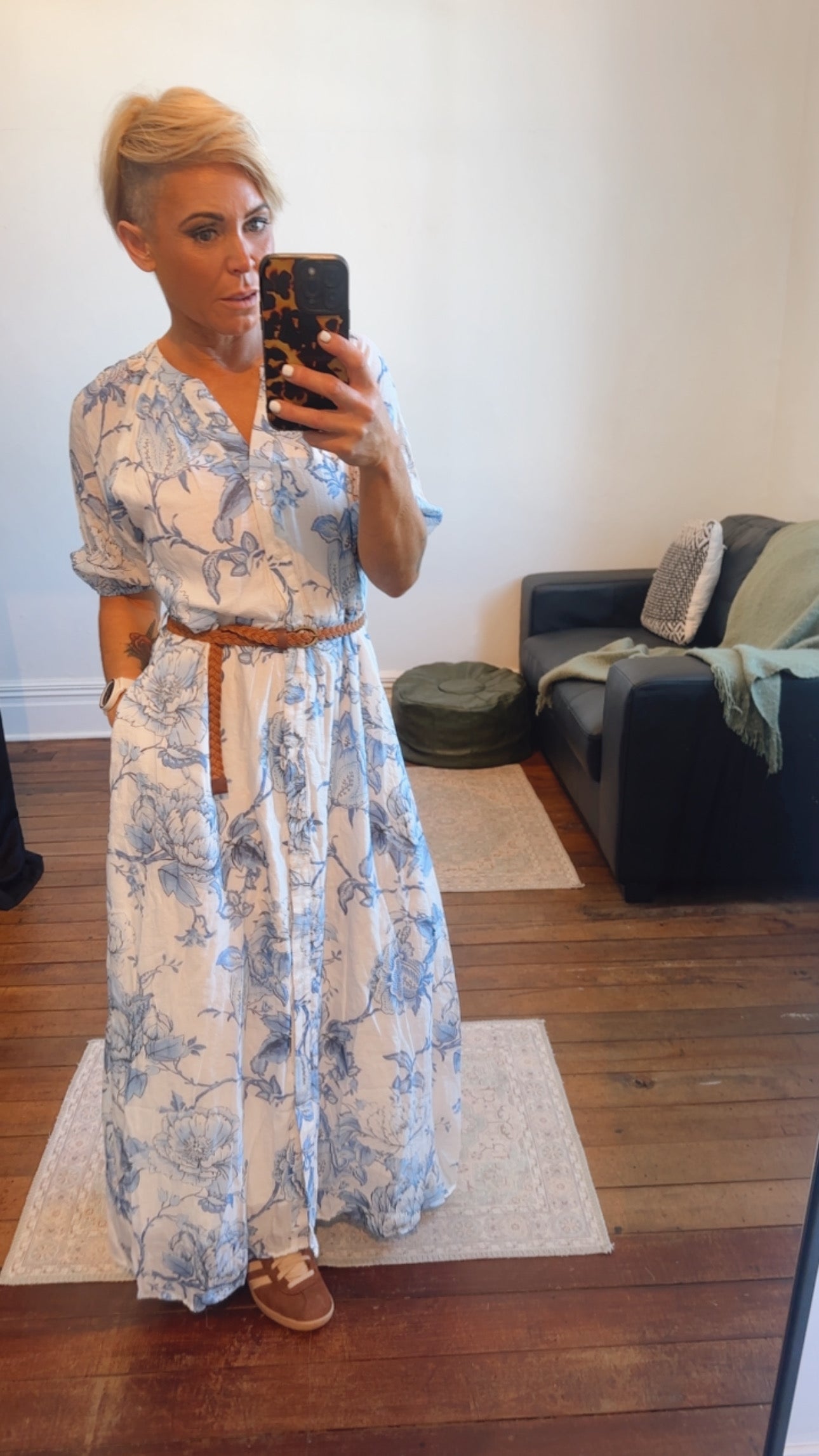 Blue Oriental Floral Print Button Through Maxi Dress