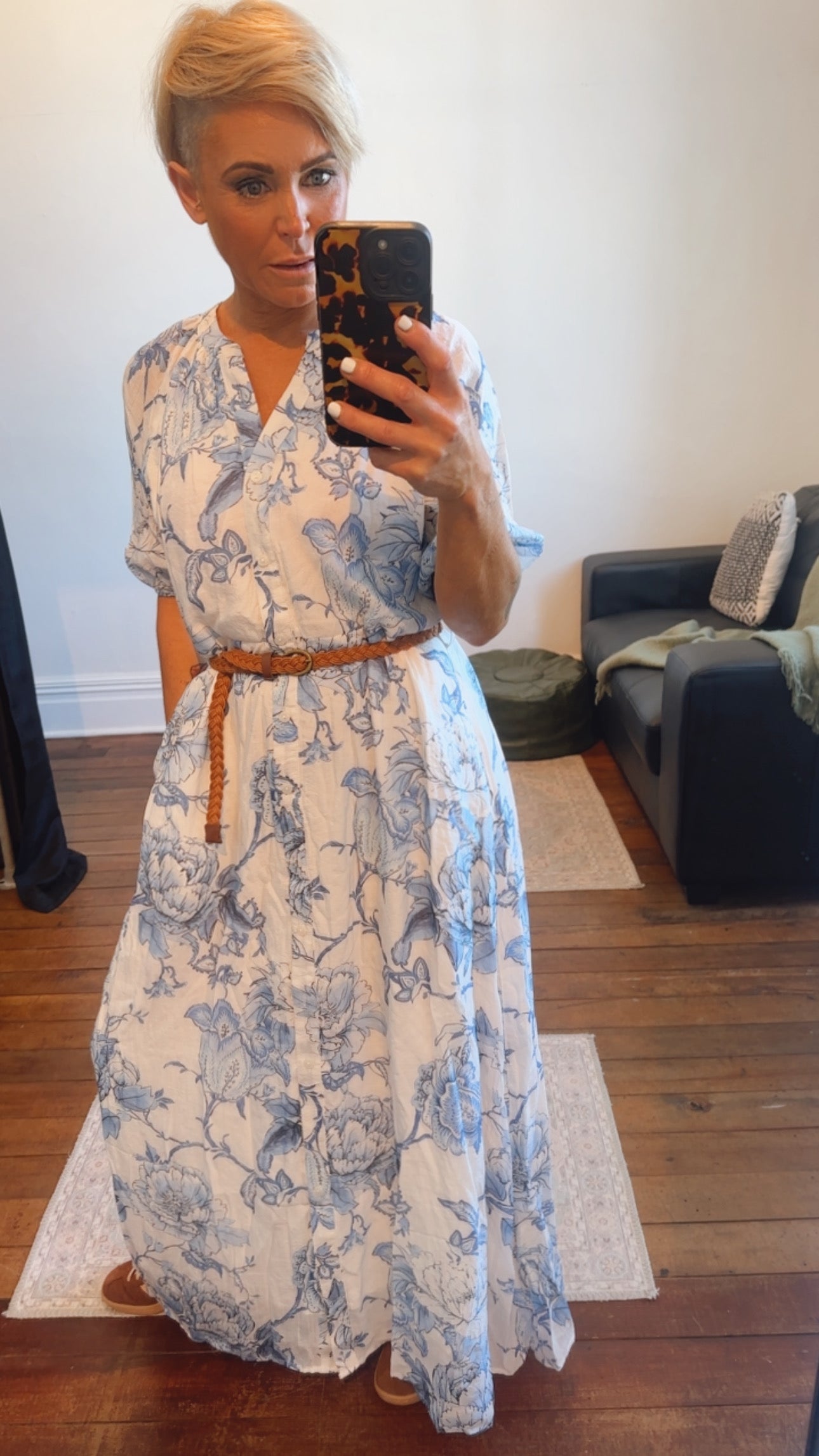 Blue Oriental Floral Print Button Through Maxi Dress