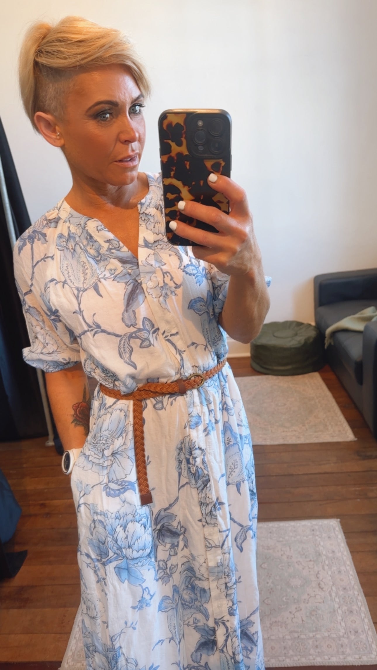 Blue Oriental Floral Print Button Through Maxi Dress