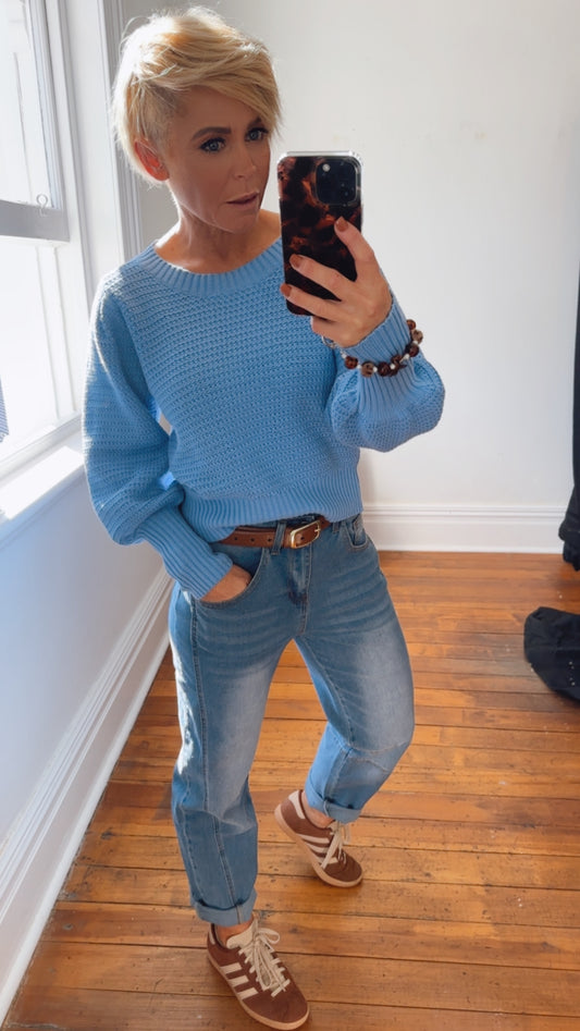 Airforce Blue Barrel Leg Stretch Jeans