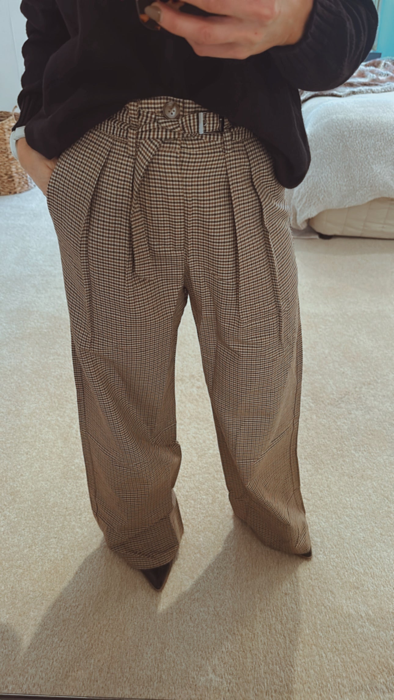 High waist pleat front plaid wide leg trousers