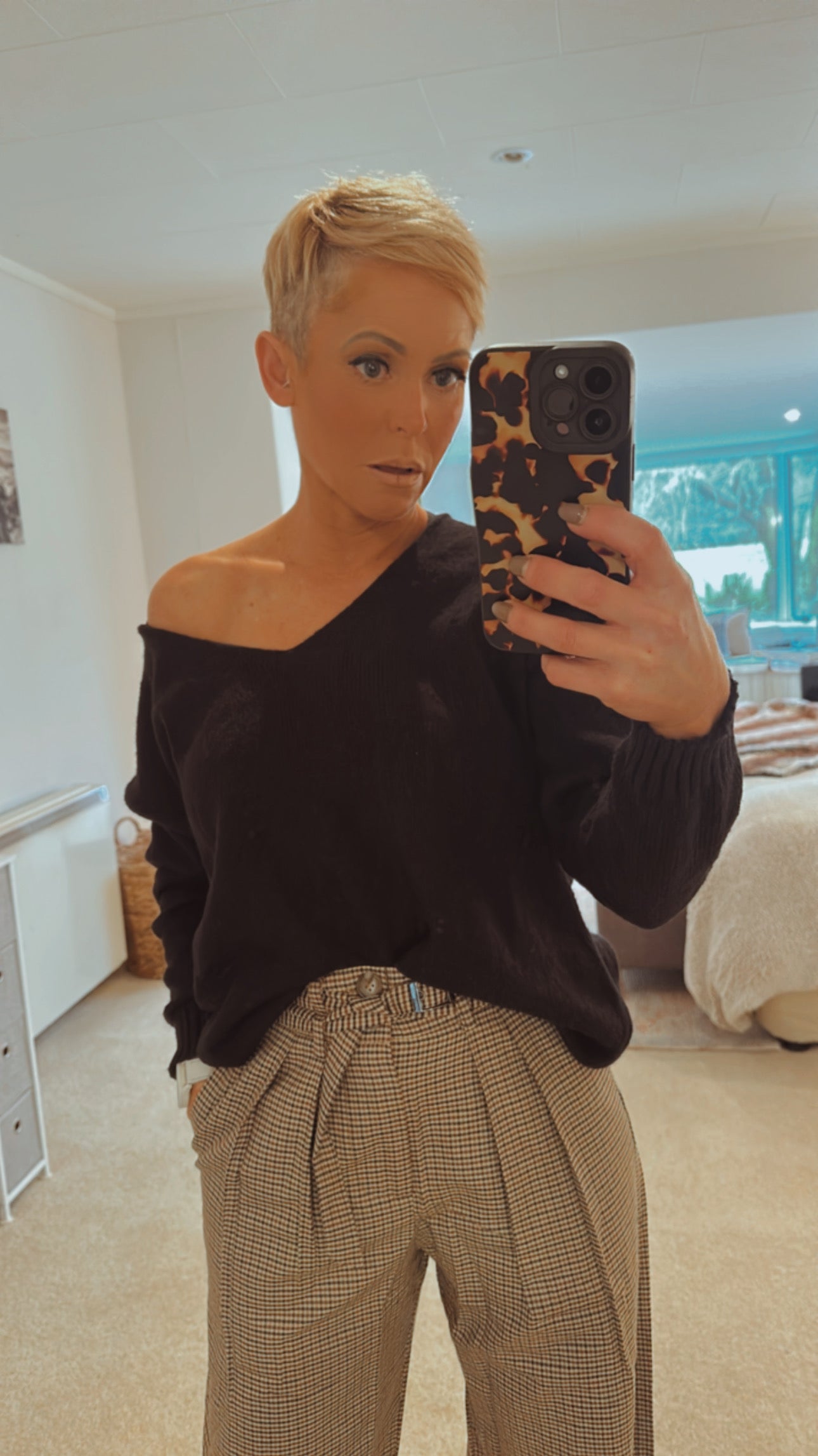 High waist pleat front plaid wide leg trousers