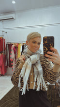 Fluffy cream beige & grey check knit scarf