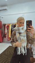 Fluffy cream beige & grey check knit scarf