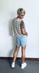 Raw edge distressed denim shorts