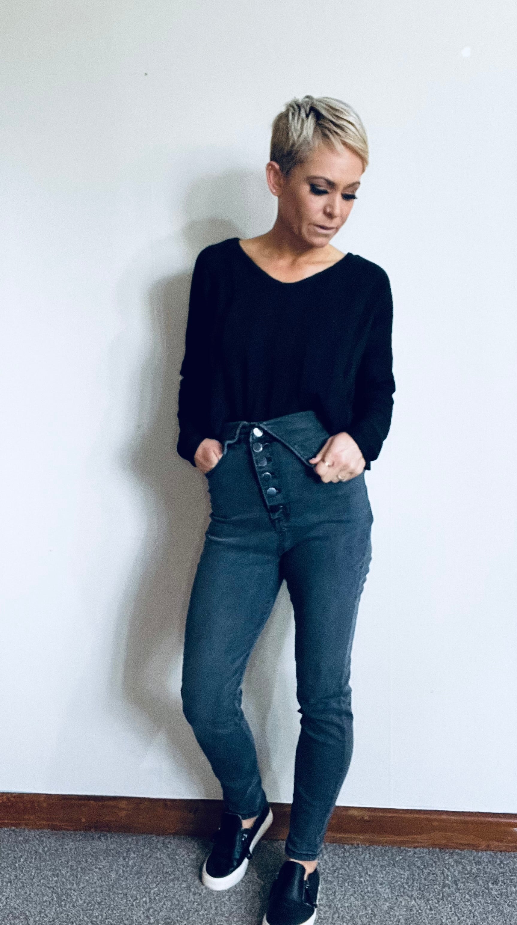 Super high waist button turn over detail jeans