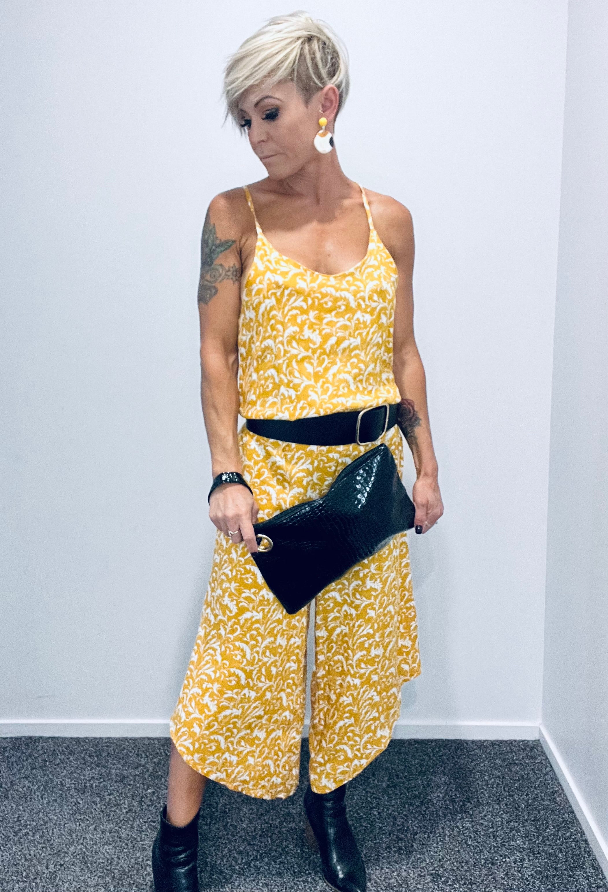 Leaf print jumpsuit- mustard