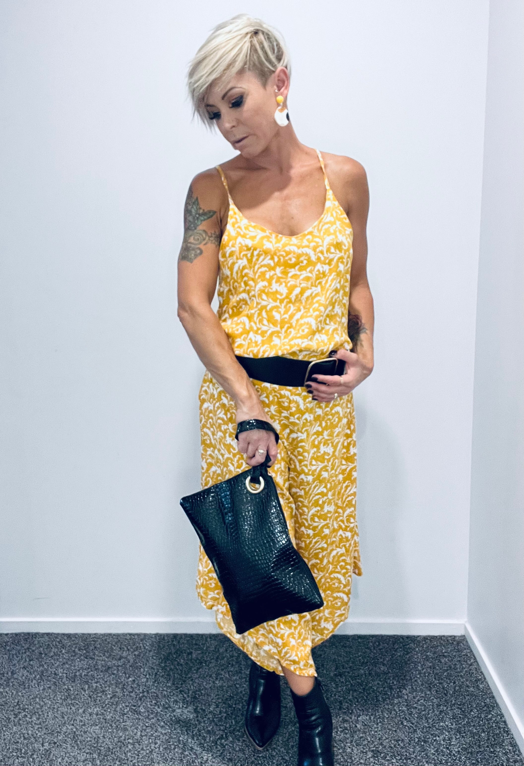 Leaf print jumpsuit- mustard