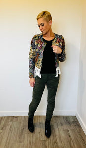 Fringe hem floral print jacket