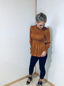 Mock neck ruffled slim fit blouse- orange