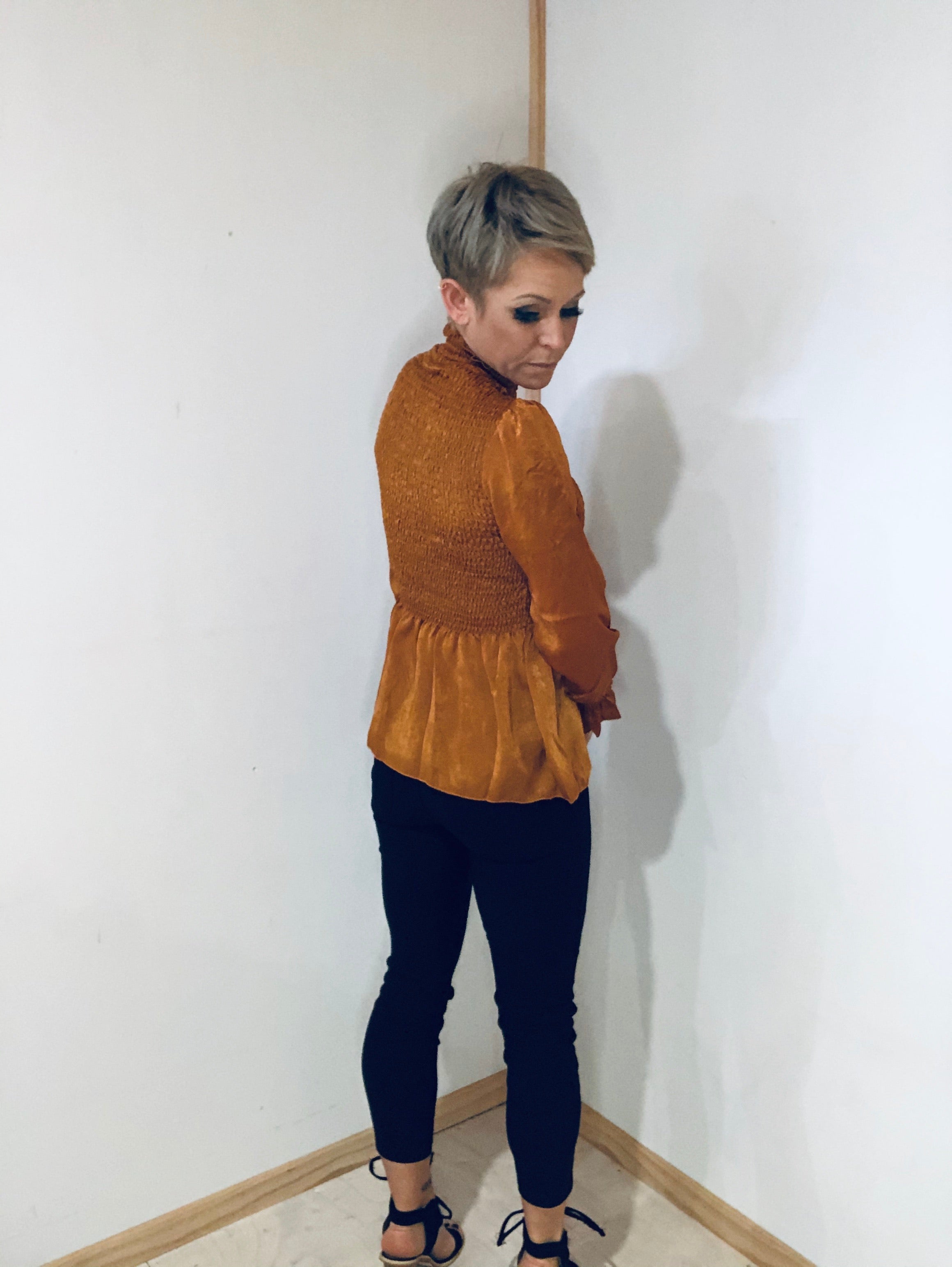 Mock neck ruffled slim fit blouse- orange