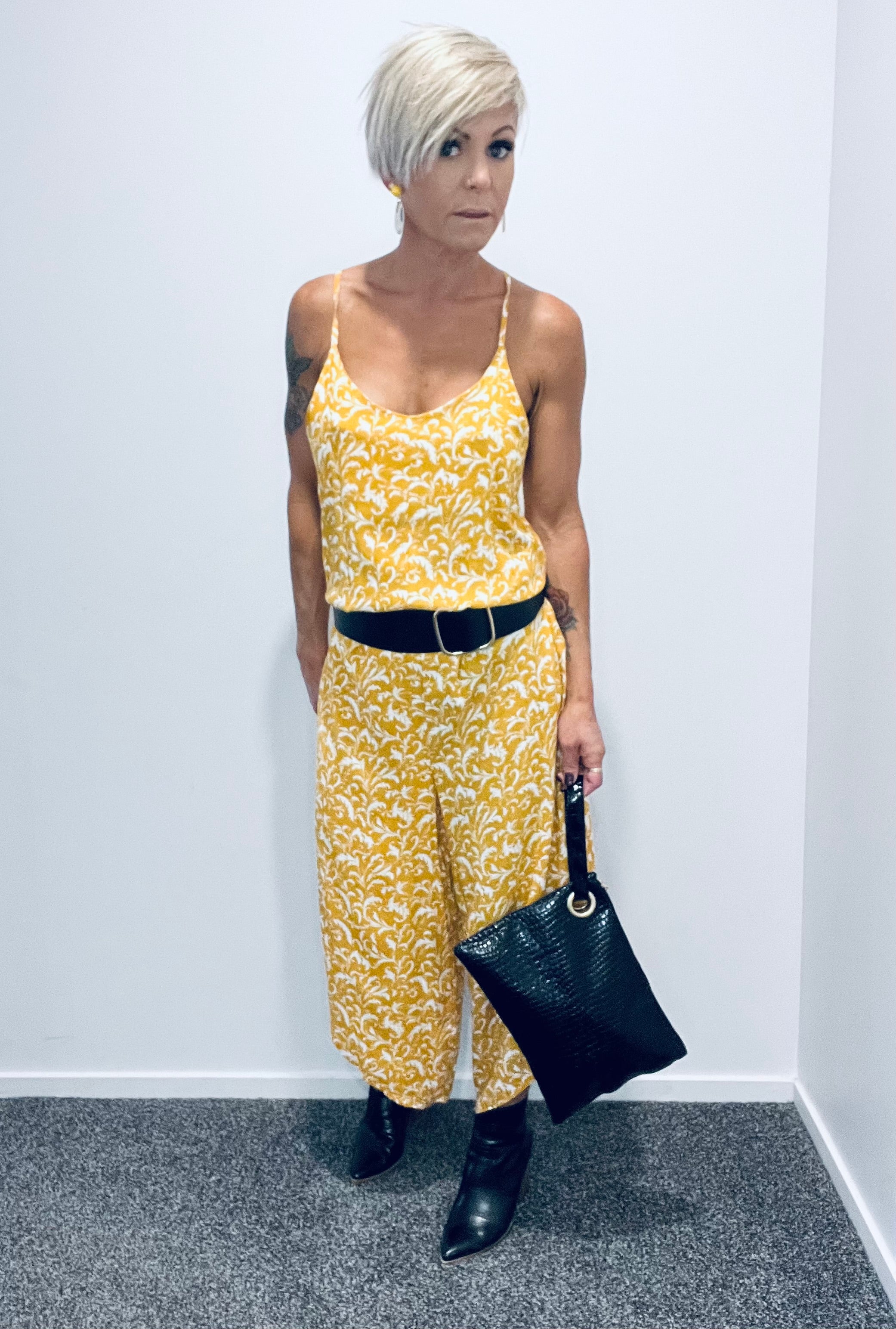 Leaf print jumpsuit- mustard